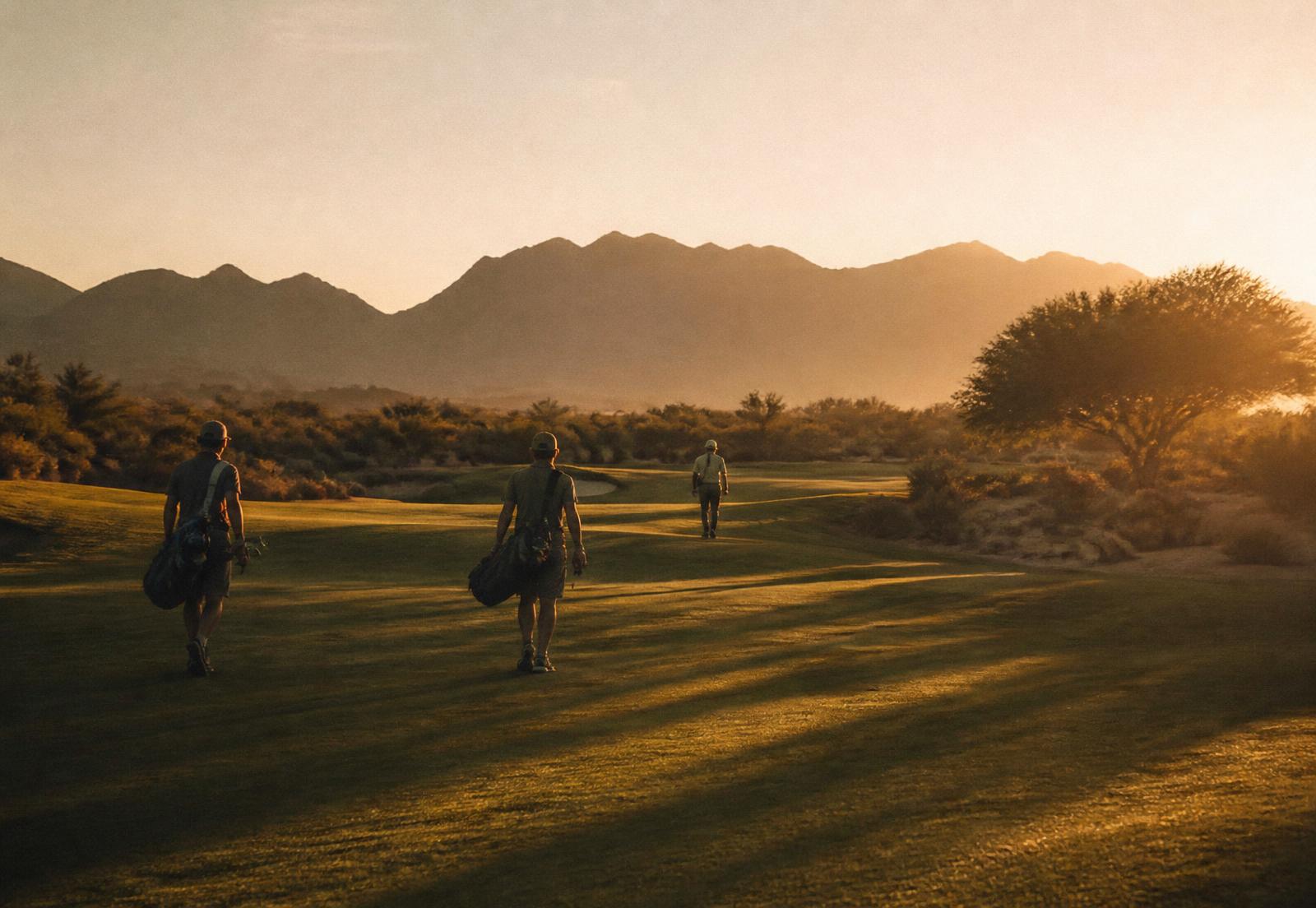Golfers walking the fairway at golden hour
