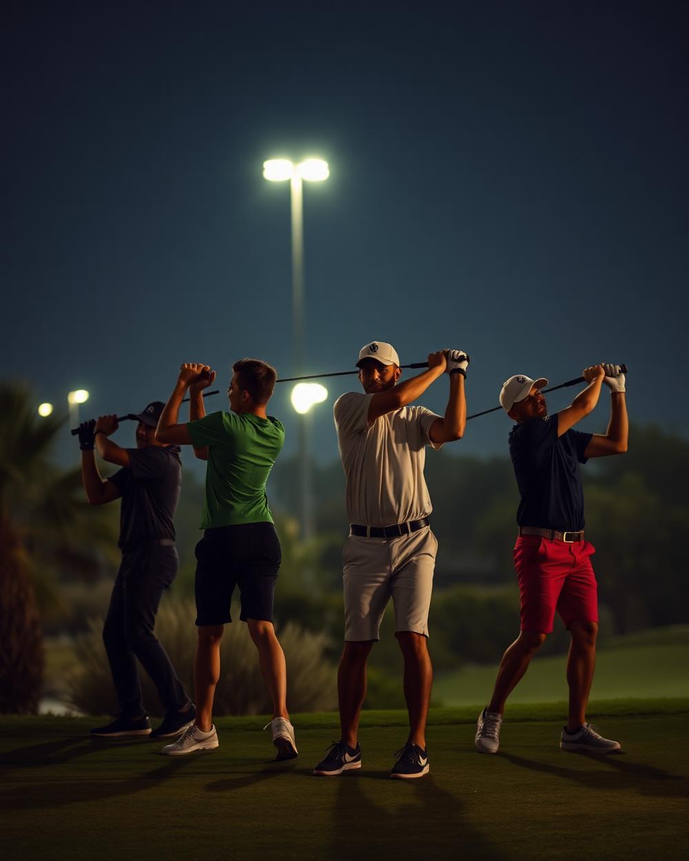 Floodlit tee box in the evening